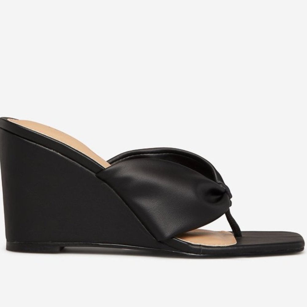 Black Vegan Leather Ruched Thong Wedge NWT 7.5